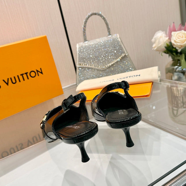 6AM SLINGBACK HIGH HEELS 55 MM IN BLACK PATENT LAMBSKIN