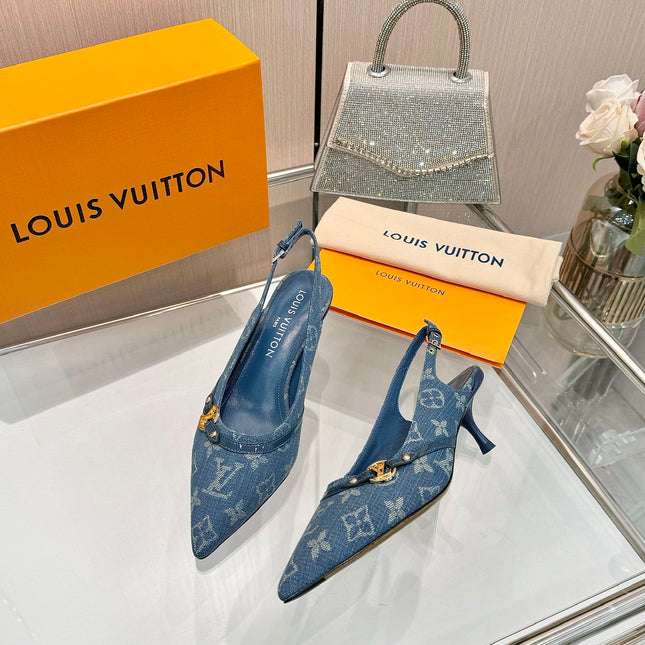 6AM SLINGBACK HIGH HEELS 55 MM IN CLASSIC BLUE MONOGRAM DENIM