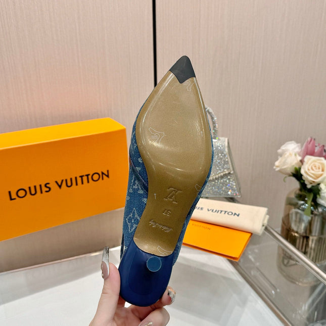 6AM SLINGBACK HIGH HEELS 55 MM IN CLASSIC BLUE MONOGRAM DENIM