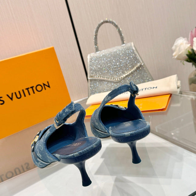 6AM SLINGBACK HIGH HEELS 55 MM IN CLASSIC BLUE MONOGRAM DENIM