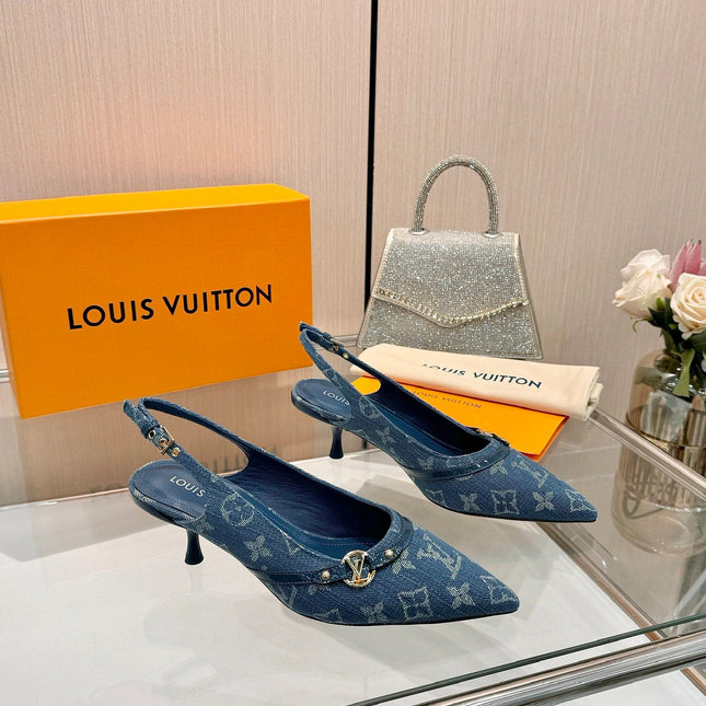 6AM SLINGBACK HIGH HEELS 55 MM IN CLASSIC BLUE MONOGRAM DENIM