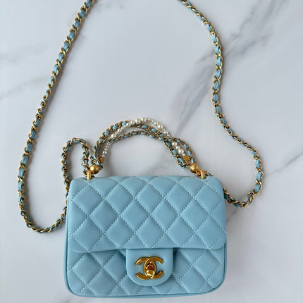 CC MINI 18 FLAP BAG IN LIGHT BLUE CALFSKIN