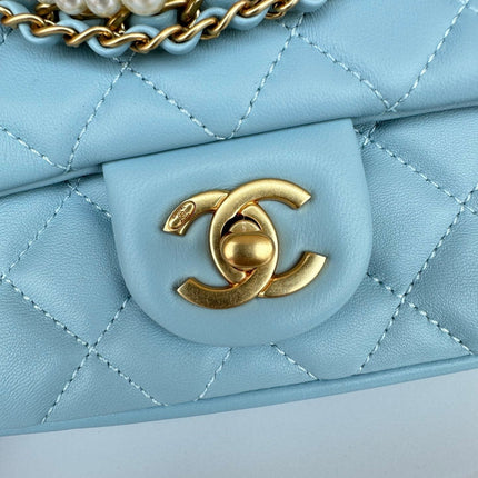 CC MINI 18 FLAP BAG IN LIGHT BLUE CALFSKIN