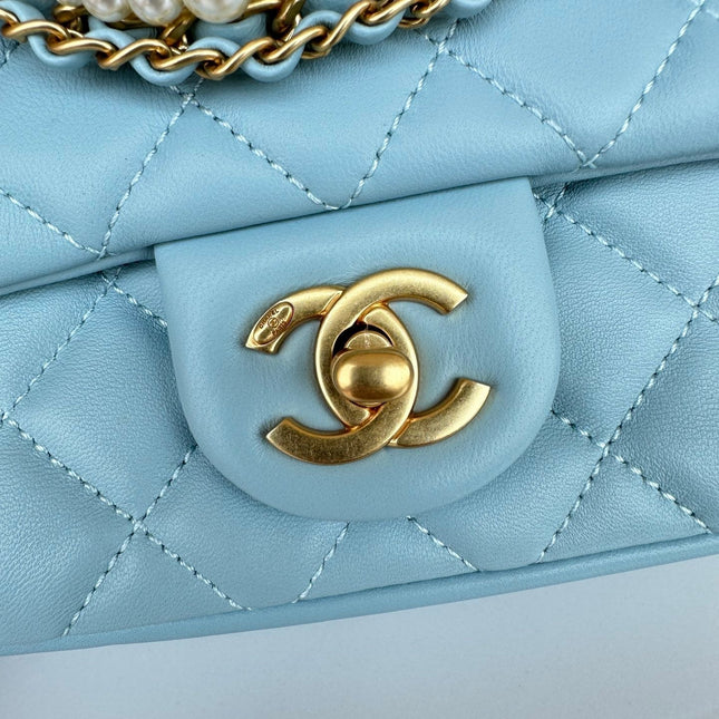 CC MINI 18 FLAP BAG IN LIGHT BLUE CALFSKIN