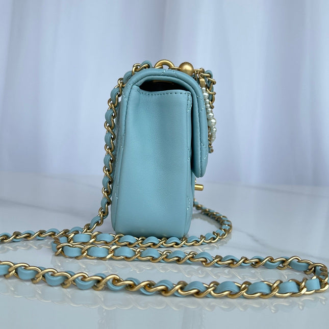 CC MINI 18 FLAP BAG IN LIGHT BLUE CALFSKIN