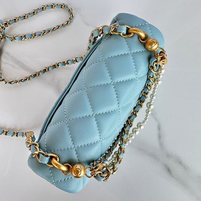 CC MINI 18 FLAP BAG IN LIGHT BLUE CALFSKIN