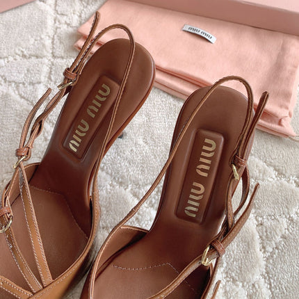 Slingback Ash Brown Leather With Stylized Cross Straps - High heels