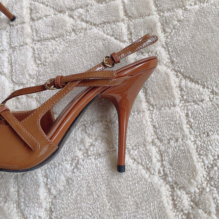 Slingback Ash Brown Leather With Stylized Cross Straps - High heels