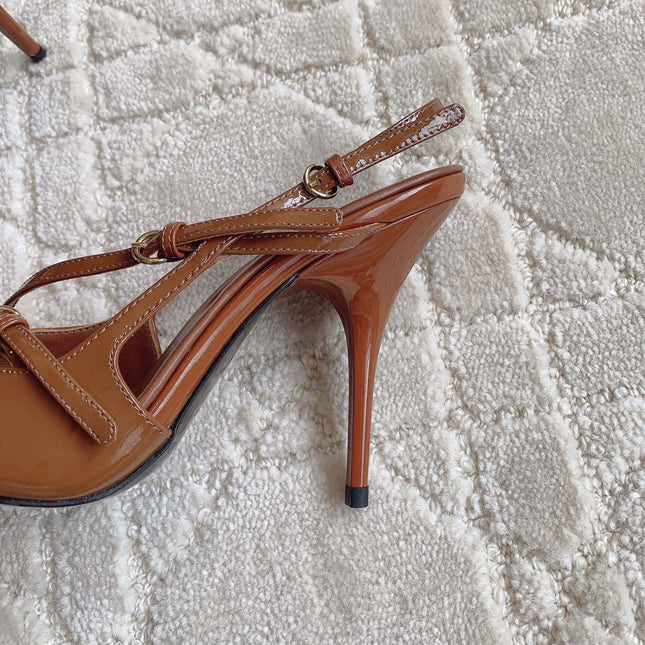 Slingback Ash Brown Leather With Stylized Cross Straps - High heels