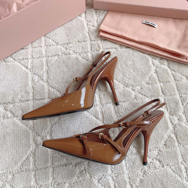 Slingback Ash Brown Leather With Stylized Cross Straps - High heels