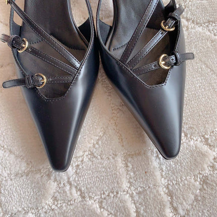 Slingback Black Leather With Stylized Cross Straps - Mid Heels