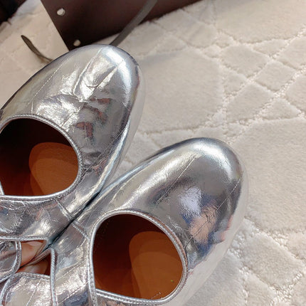 ALAIA CRISS CROSS BALLET FLAT IN SILVER LAMBSKIN