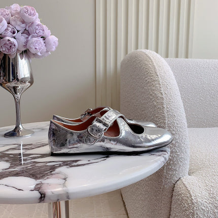 ALAIA CRISS CROSS BALLET FLAT IN SILVER LAMBSKIN