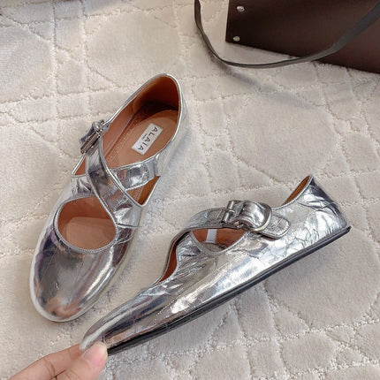 ALAIA CRISS CROSS BALLET FLAT IN SILVER LAMBSKIN