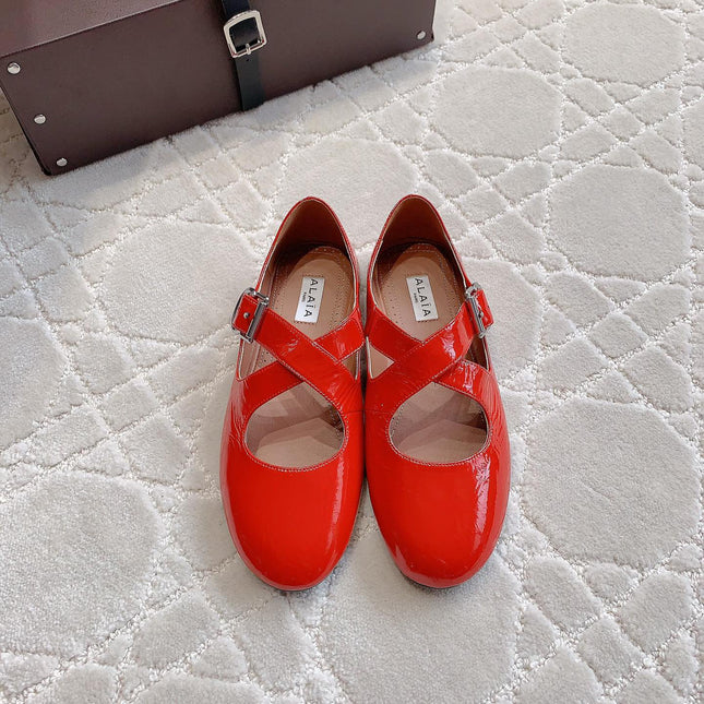 ALAIA CRISS CROSS BALLET FLAT IN CANDY RED LAMBSKIN WITH SILVER HARDWARE