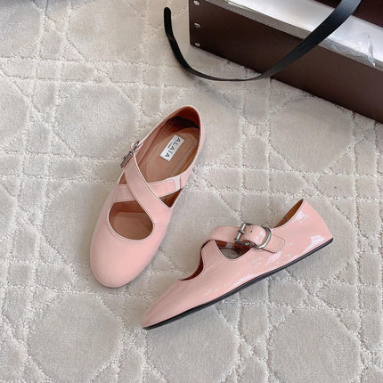 ALAIA CRISS CROSS BALLET FLAT IN BABY PINK LAMBSKIN WITH SILVER HARDWARE