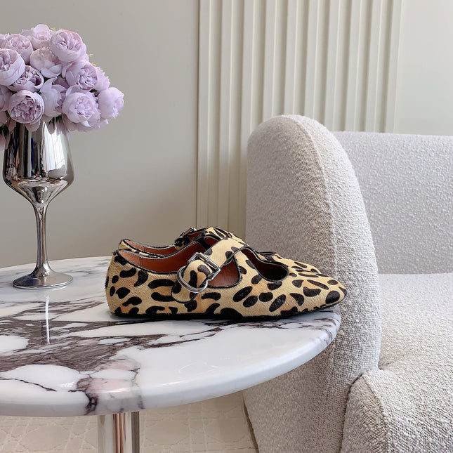 ALAIA CRISS CROSS BALLET FLAT IN LEOPARD LAMBSKIN WITH SILVER HARDWARE