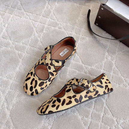 ALAIA CRISS CROSS BALLET FLAT IN LEOPARD LAMBSKIN WITH SILVER HARDWARE