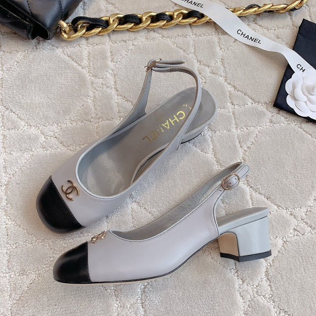 SLINGBACKS IN SLATE GREY MIX BLACK SHEEPSKIN