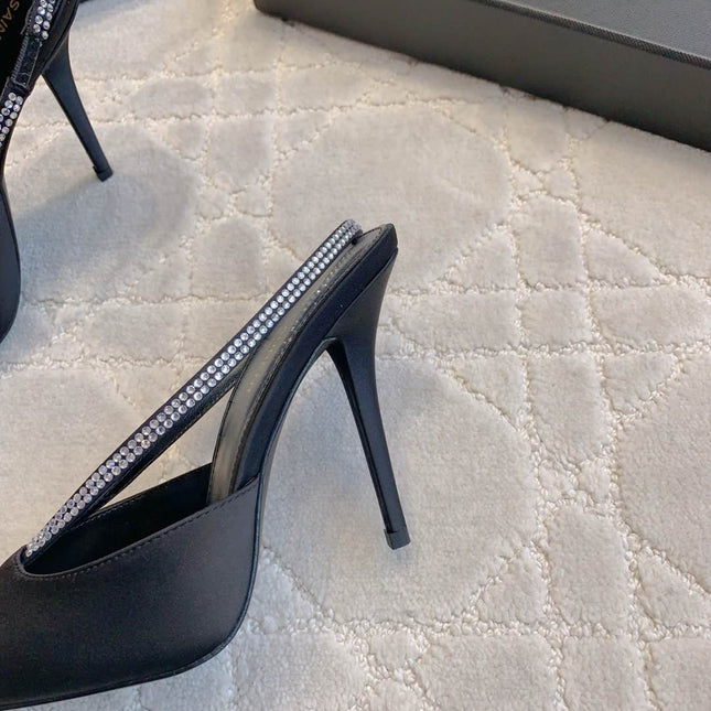 AMANDA SLINGBACK PUMPS IN BLACK SILK WITH RHINESTONES
