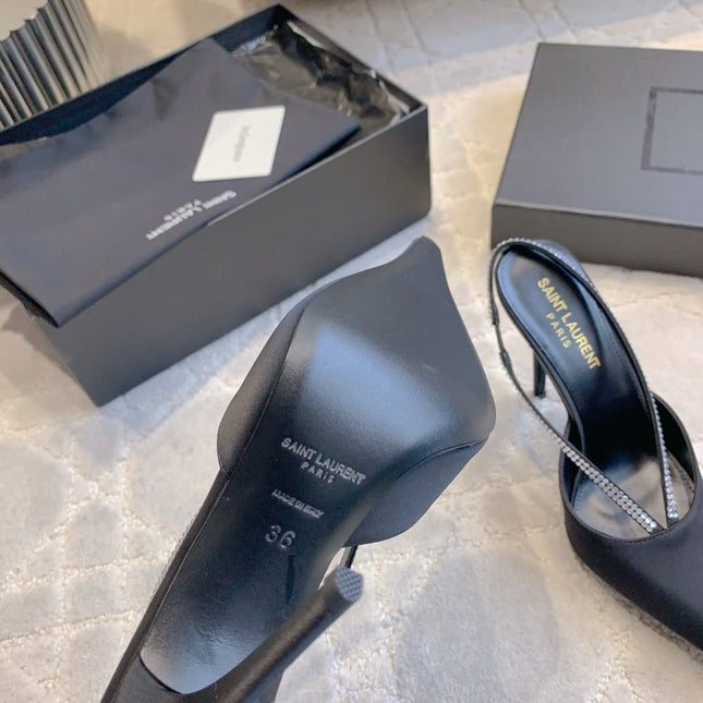 AMANDA SLINGBACK PUMPS IN BLACK SILK WITH RHINESTONES