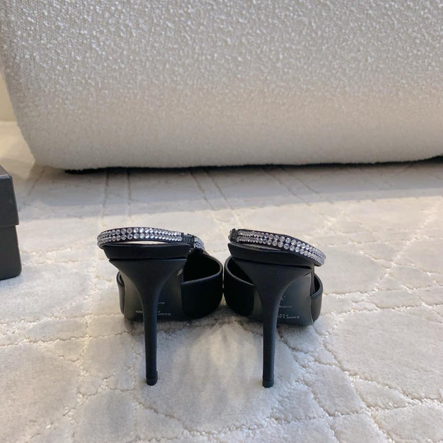 AMANDA SLINGBACK PUMPS IN BLACK SILK WITH RHINESTONES