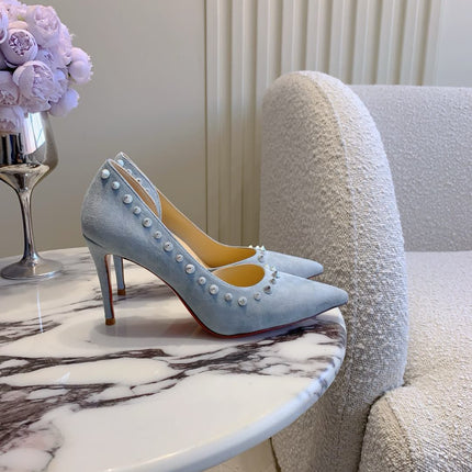 IRIZA PUMPS 85MM IN LIGHT BLUE SUEDE SILVER SPIKES