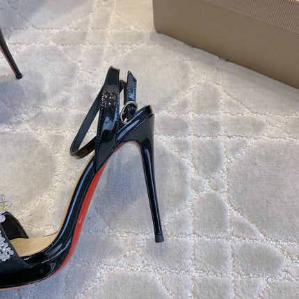 CRYSTAL QUEEN SANDAL 100MM IN BLACK CALFSKIN EMBELLISHED CRYTAL