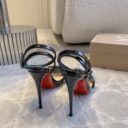 CRYSTAL QUEEN SANDAL 100MM IN BLACK CALFSKIN EMBELLISHED CRYTAL