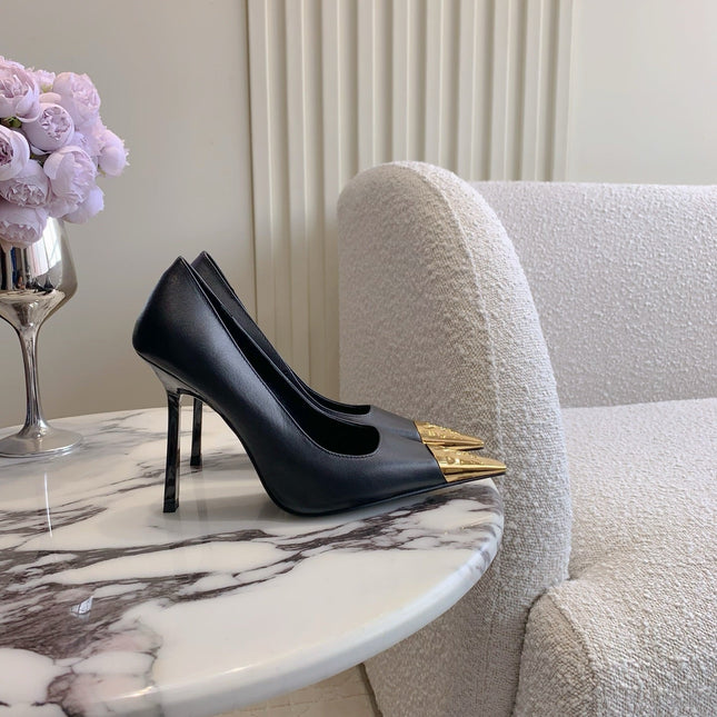 HIGH HEEL 10 CM PUMP IN BLACK CALFSKIN WITH GOLD HARDWARE