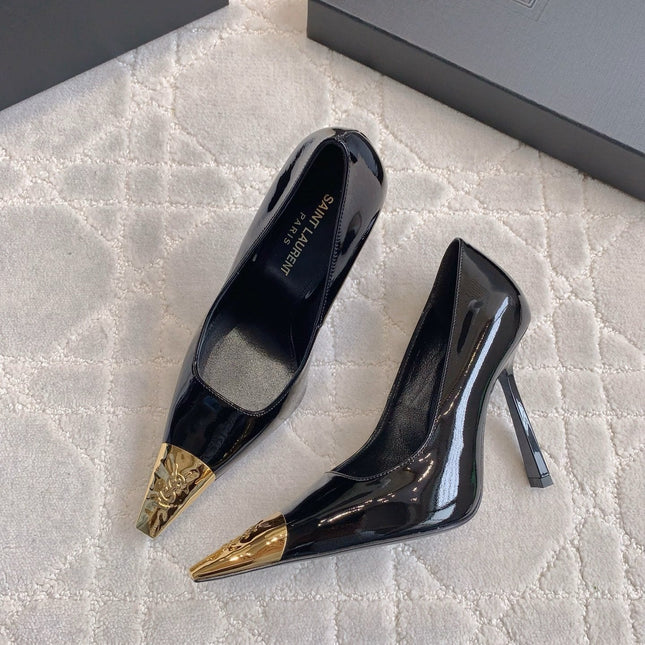 HIGH HEEL 10 CM PUMP IN BLACK PATENT CALFSKIN WITH GOLD HARDWARE