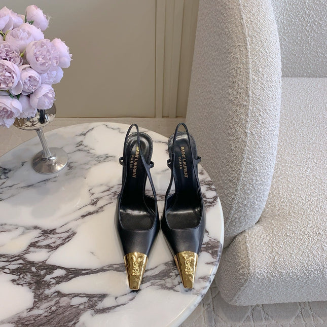 HIGH HEEL 10 CM SLINGBACK IN BLACK CALFSKIN WITH GOLD HARDWARE