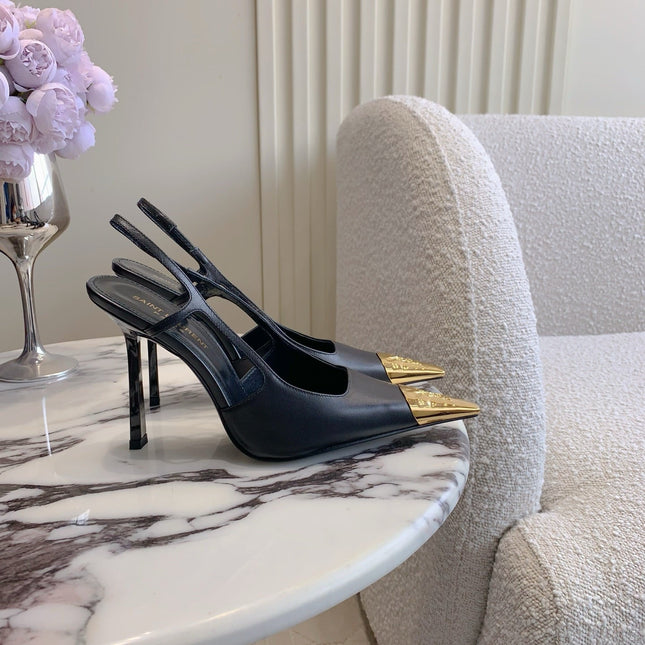 HIGH HEEL 10 CM SLINGBACK IN BLACK CALFSKIN WITH GOLD HARDWARE