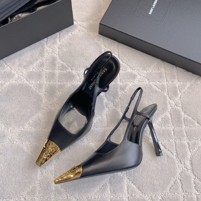 HIGH HEEL 10 CM SLINGBACK IN BLACK CALFSKIN WITH GOLD HARDWARE