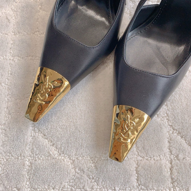HIGH HEEL 10 CM SLINGBACK IN BLACK CALFSKIN WITH GOLD HARDWARE