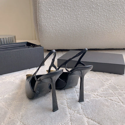 HIGH HEEL 10 CM SLINGBACK IN BLACK CALFSKIN WITH GOLD HARDWARE