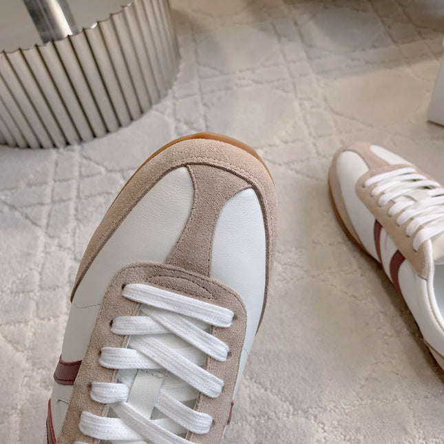 CELINE 25S JOGGER LOW LACE UP SNEAKER IN WHITE BEIGE RED CALFSKIN AND SUEDE