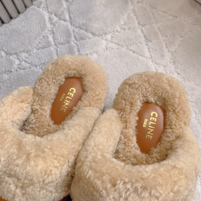 CELINE 25S DANA WEDGE MULE 70MM IN BURNT ORANGE SUEDE CALFSKIN AND SHEARLING