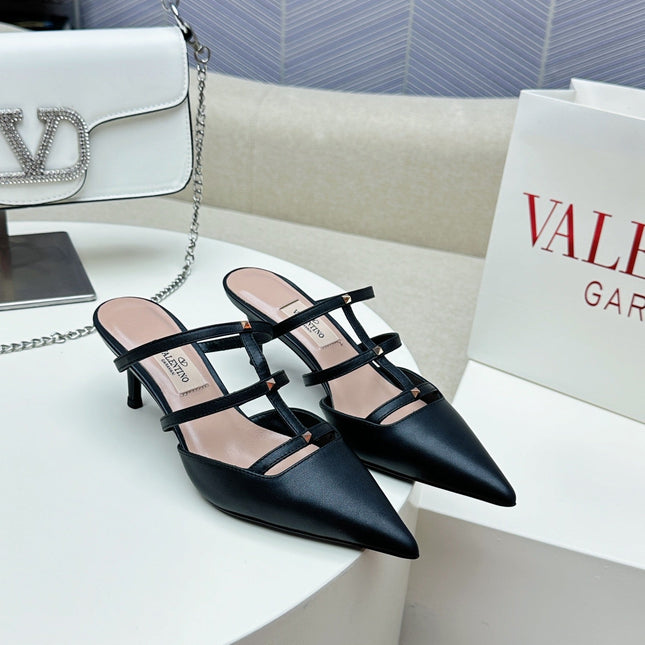 ROCKSTUD WISPY BLACK CALFSKIN MULE 60MM