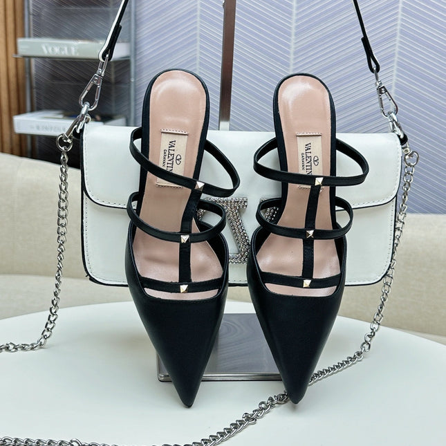ROCKSTUD WISPY BLACK CALFSKIN MULE 60MM