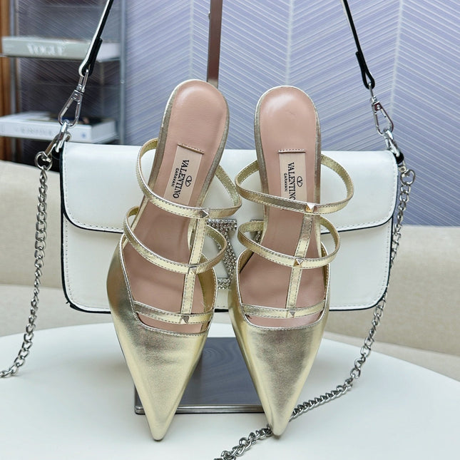 ROCKSTUD WISPY GOLD CALFSKIN MULE 60MM