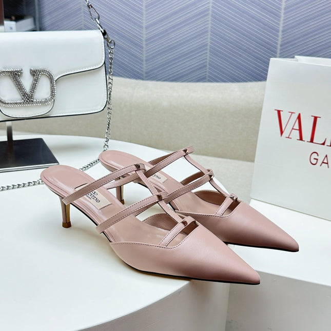 ROCKSTUD WISPY CREPE PINK CALFSKIN MULE 60MM