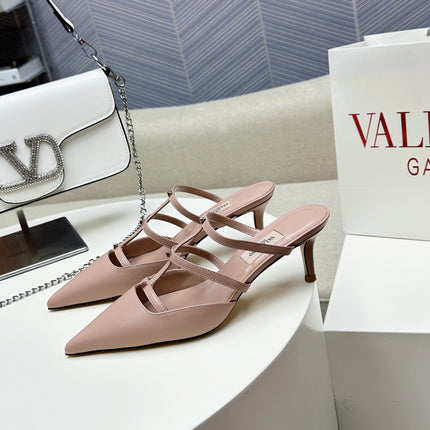 ROCKSTUD WISPY CREPE PINK CALFSKIN MULE 60MM