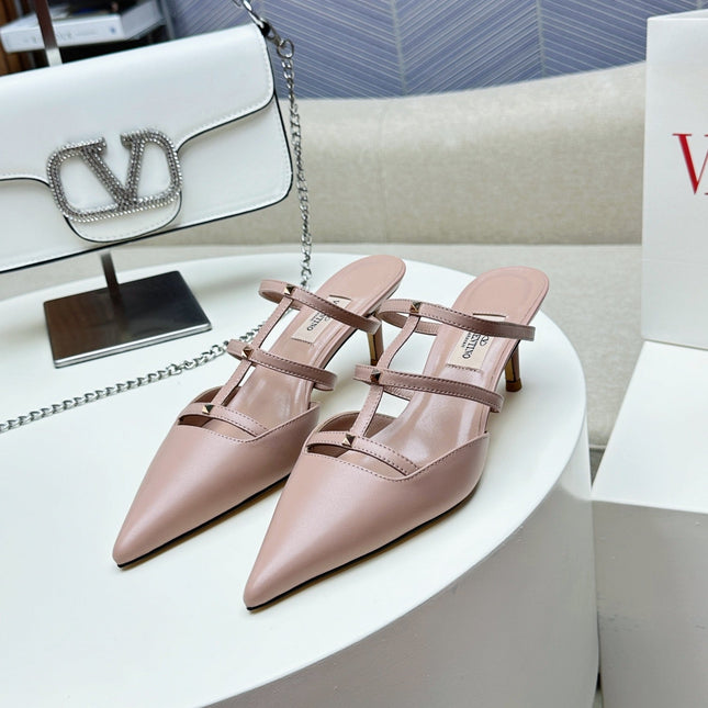 ROCKSTUD WISPY CREPE PINK CALFSKIN MULE 60MM