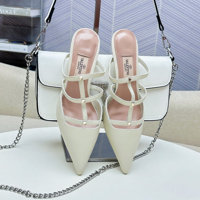 ROCKSTUD WISPY WHITE CALFSKIN MULE 60MM