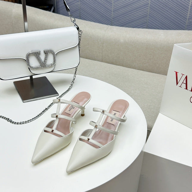 ROCKSTUD WISPY WHITE CALFSKIN MULE 60MM