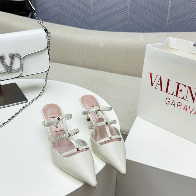 ROCKSTUD WISPY WHITE CALFSKIN MULE 60MM