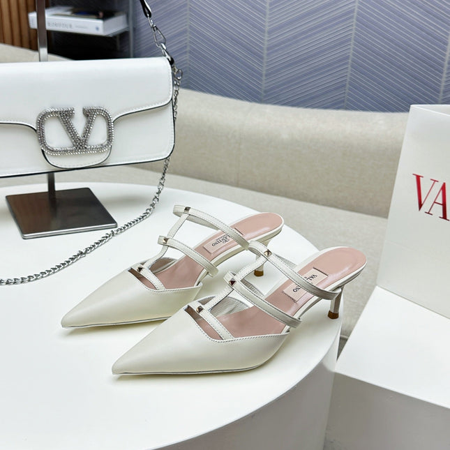 ROCKSTUD WISPY WHITE CALFSKIN MULE 60MM