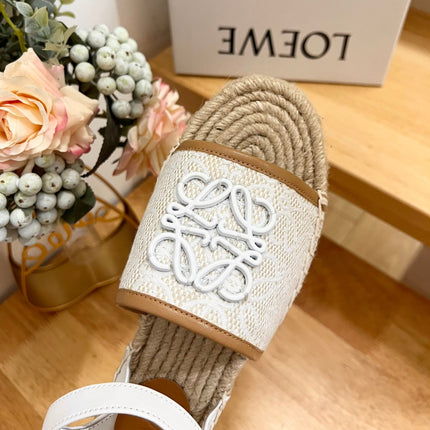 Loew Anagram White logo White Brown Leather And Canvas Espadrille Sandals