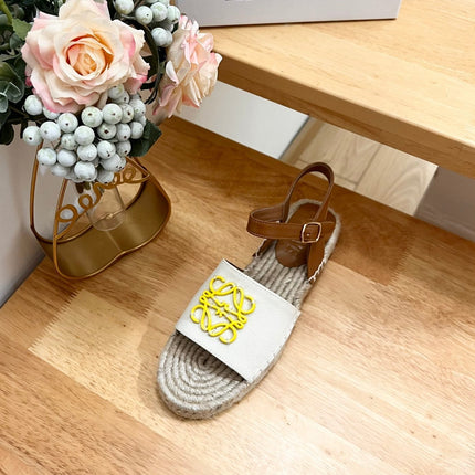 Loew Anagram Yellow logo White Brown Leather And Canvas Espadrille Sandals
